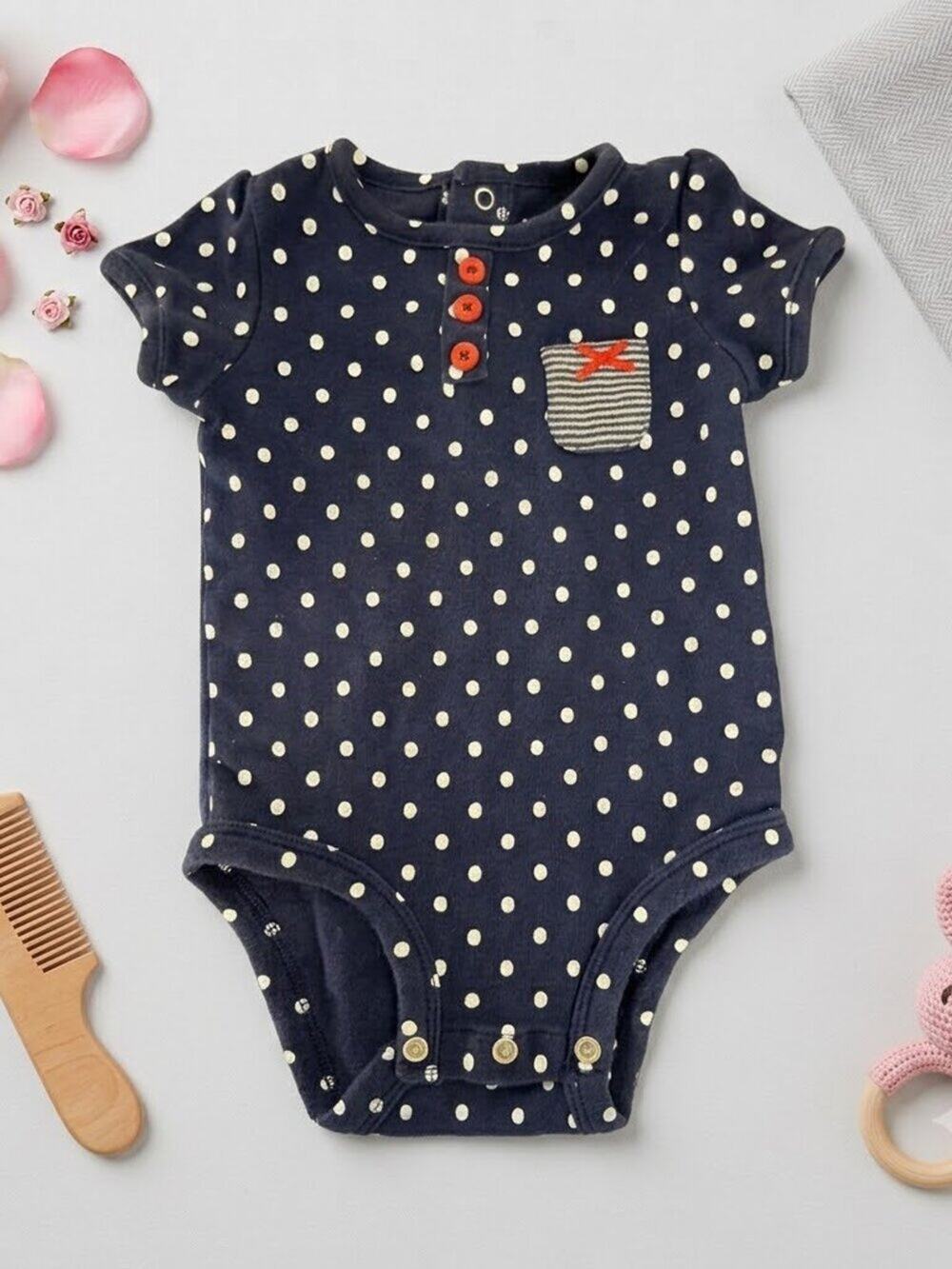 Carter's Baby Girl Navy Blue & White Polka Dot Henley Bodysuit 6mo